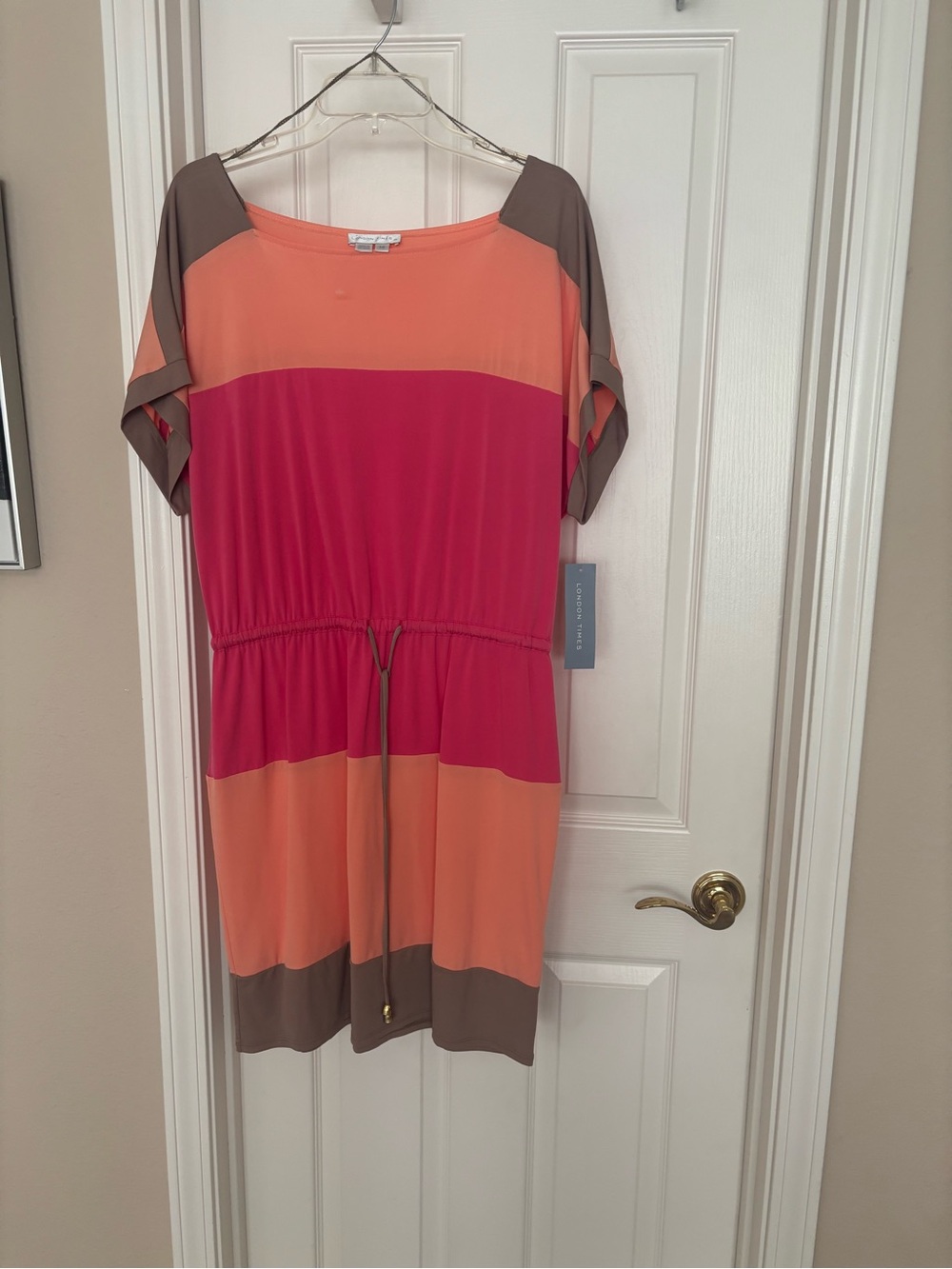 London Times Colorblock Drawstring Midi Dress - Pink, Orange, Brown